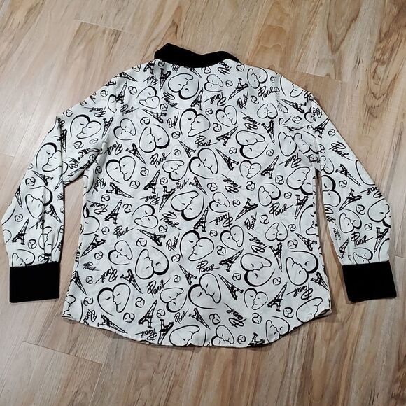 🔹️Catherine Malandrino Cream & Black Parisian Theme Button Blouse Large - Picture 3 of 10